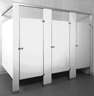 white bathroom stalls