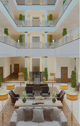 a bright airy hotel lobby area