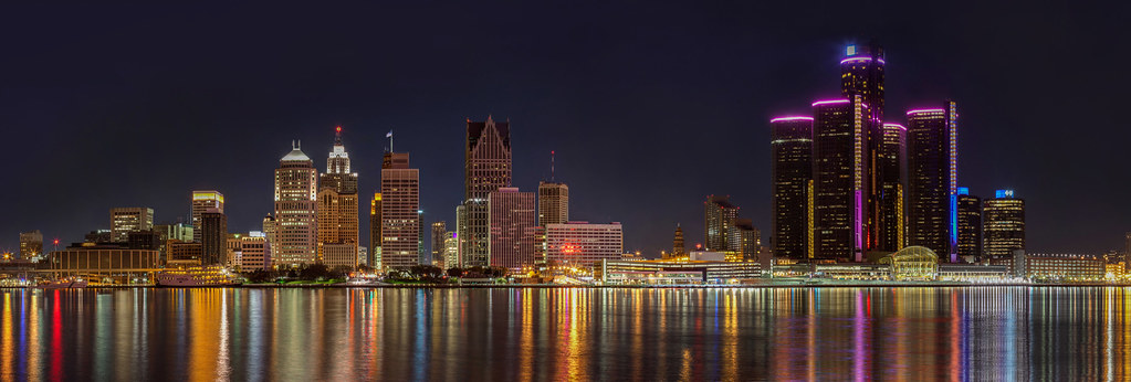 Detroit Michigan city skyline at night