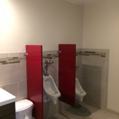 Thumbnail of http://Bright%20red%20bathroom%20urinal%20partitions