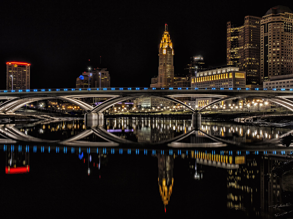 Columbus Ohio City Skyline from water at night