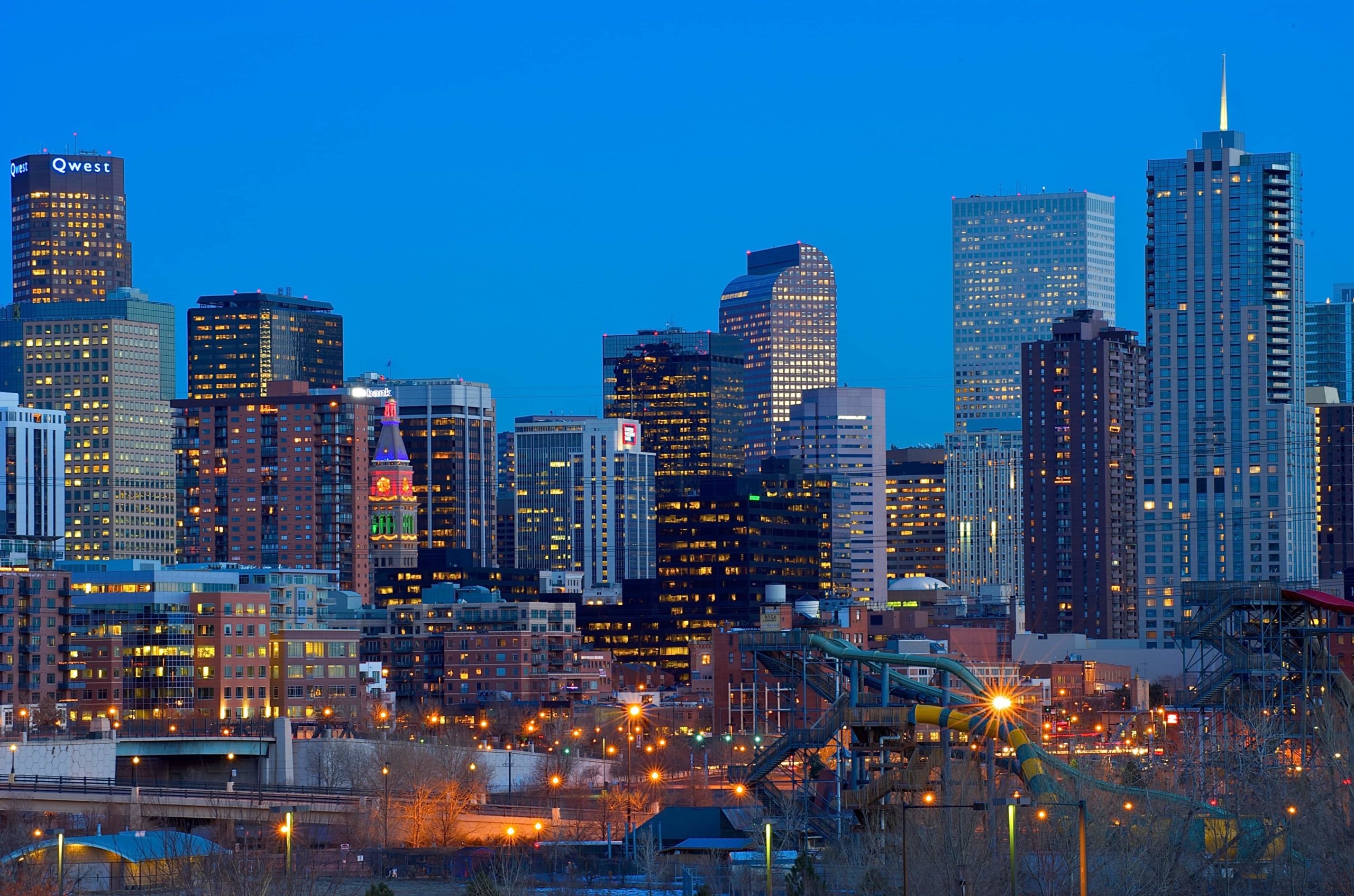 Denver Colorado city skyline during sunset