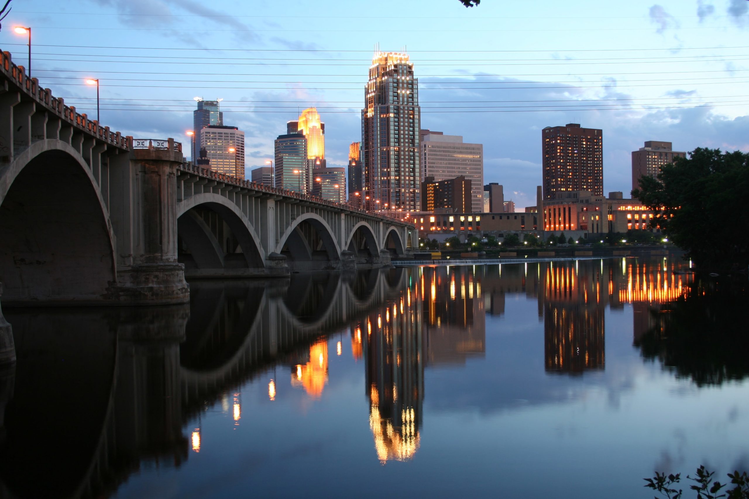 Minneapolis and St Paul Minnesota city skyline at sunset