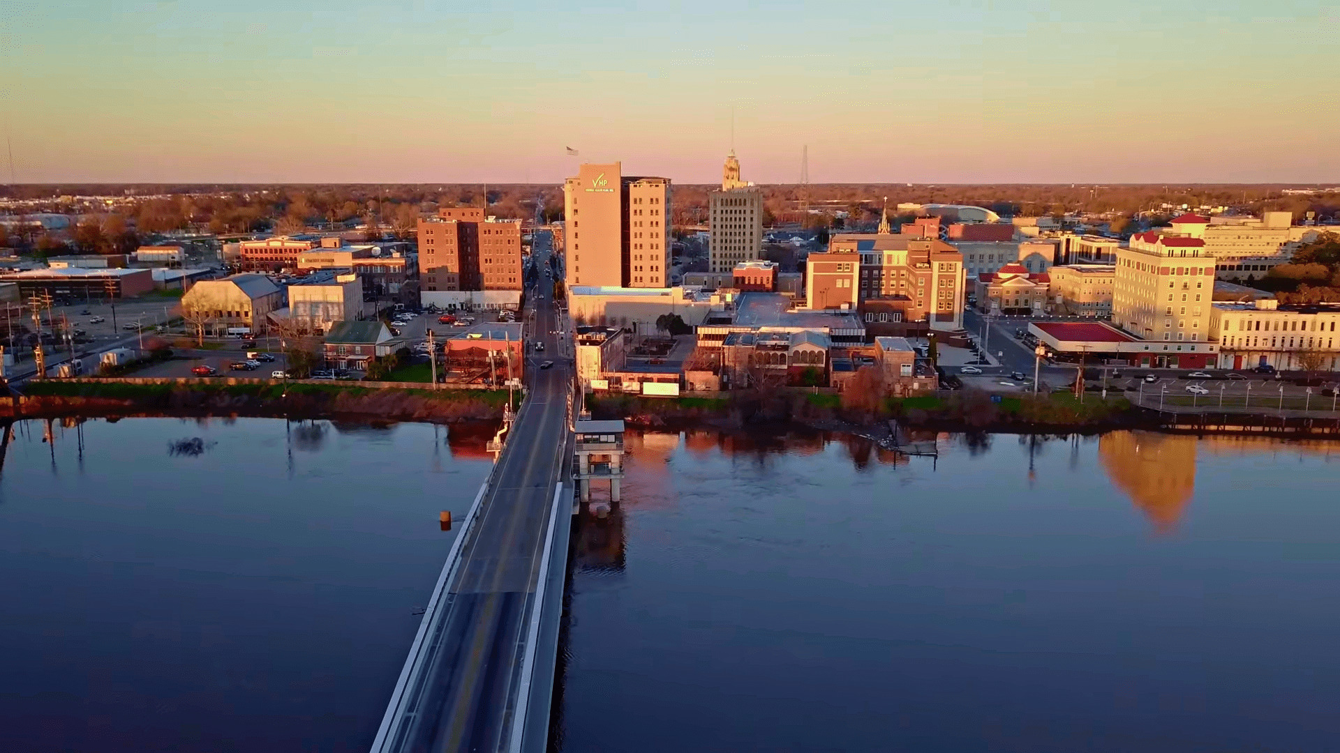 Monroe Louisiana city skyline at sunset