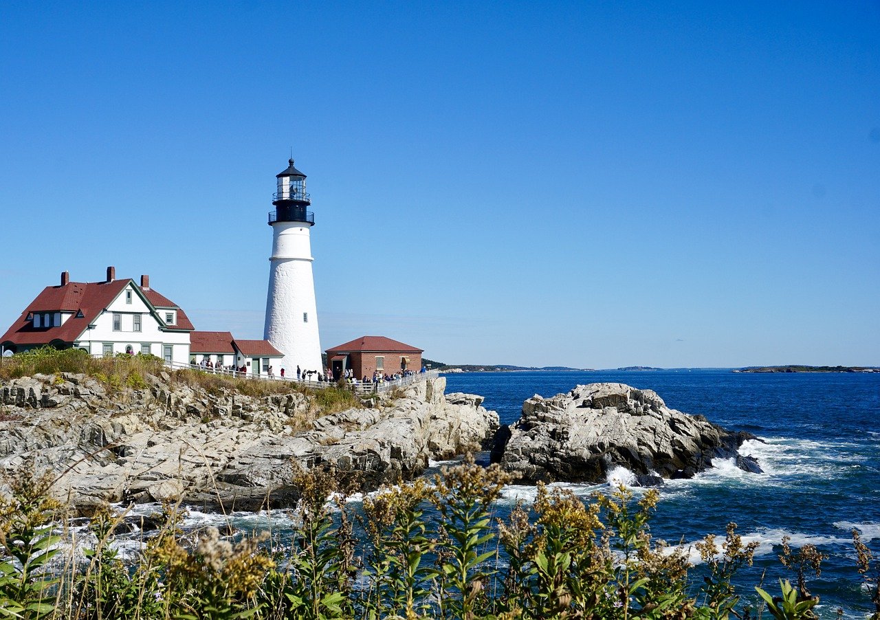 Portland Maine coastline with lighthouse