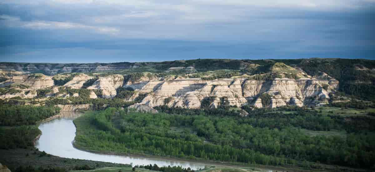 North Dakota landscape mountains and river panorama