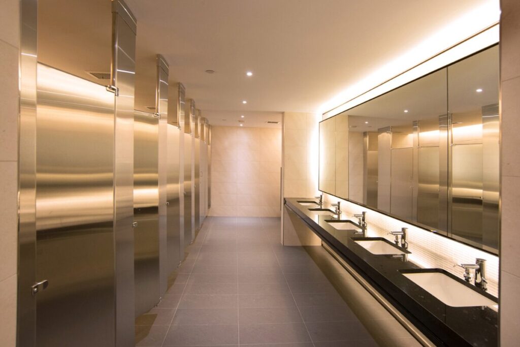 beautifully renovated public restroom with new lighting